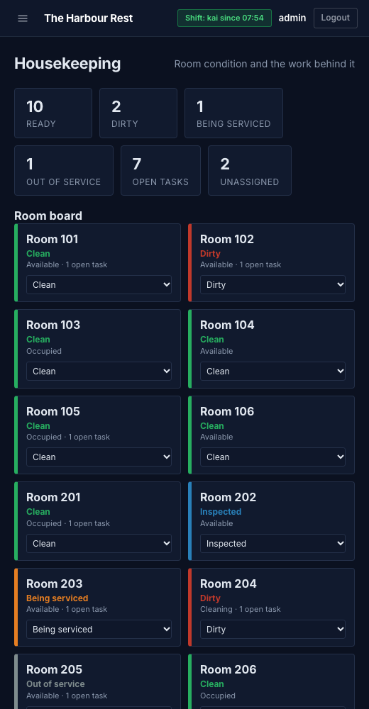 The InnsPOS housekeeping board on a phone-sized screen, with the room board stacked in one column